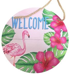 Flamingo Welcome Sign with Tropical Flowers